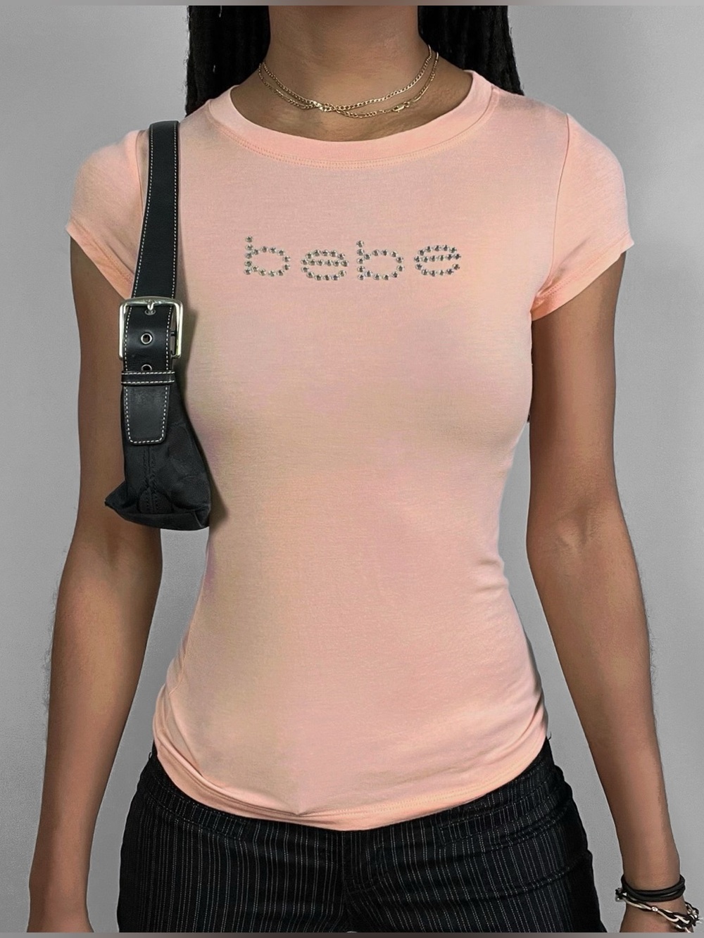 Bebe Rhinestone Logo Short Sleeve Babydoll T Shirt Top Y2K Vintage Baby Tee